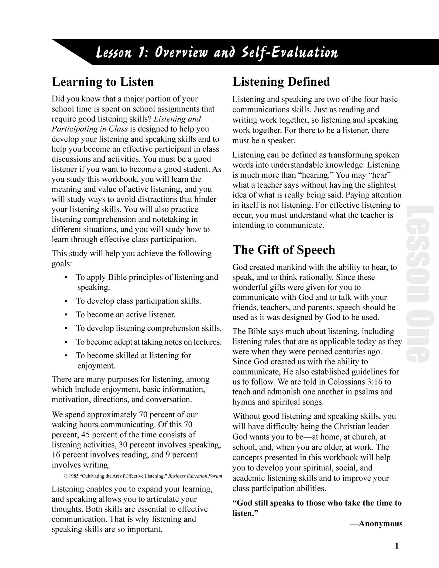 JH Listening & Participating in Class Student Workbook